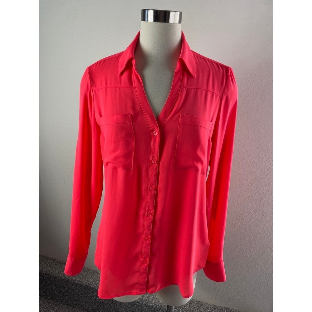 Express Portofino Shirt Women Medium Neon Coral Button Up Blouse Roll Tab Sleeve